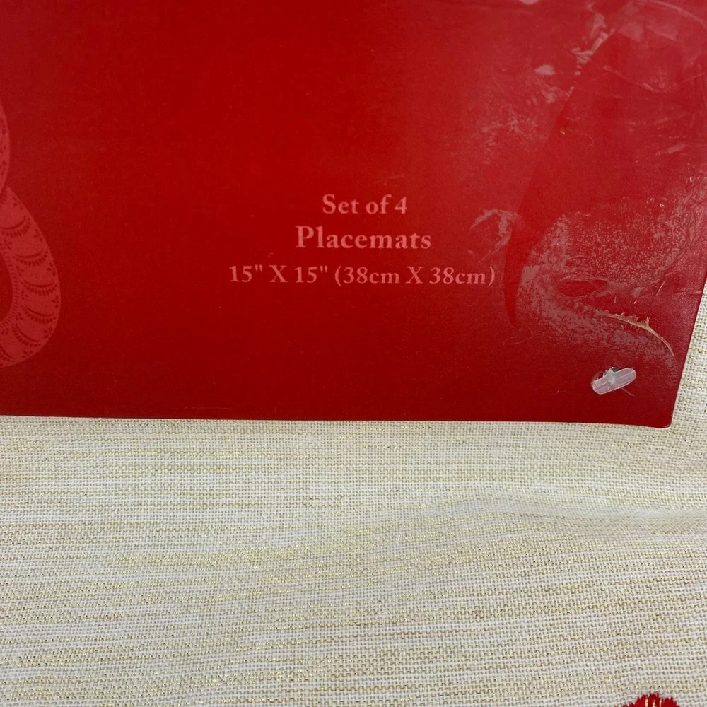 Year of the Snake 2025 Placemats Set of 4 Cream Red Gold Embroidered Pom Trim